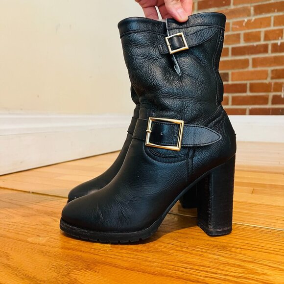 Jimmy Choo Dart Biker Black Leather Moto Combat Mid-Calf Buckle Bootie Size US 8 - Picture 1 of 16